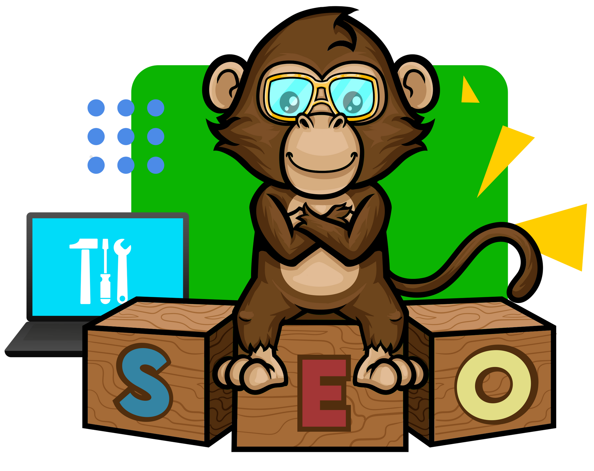 A monkey is sitting on a wooden block with the word seo on it.