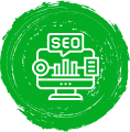 An icon of a computer with a speech bubble that says seo online.