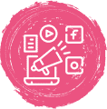 A pink circle with a laptop , a megaphone , and social media icons.