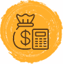 A bag of money and a calculator in a yellow circle.