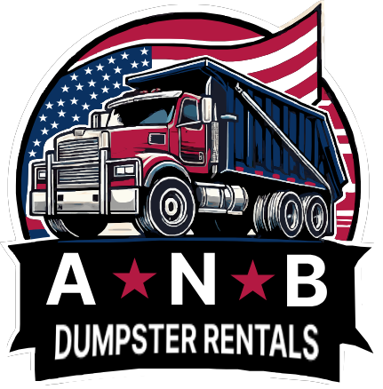 The logo for ANB Dumpster Rentals shows a dumpster with an American flag in the background.