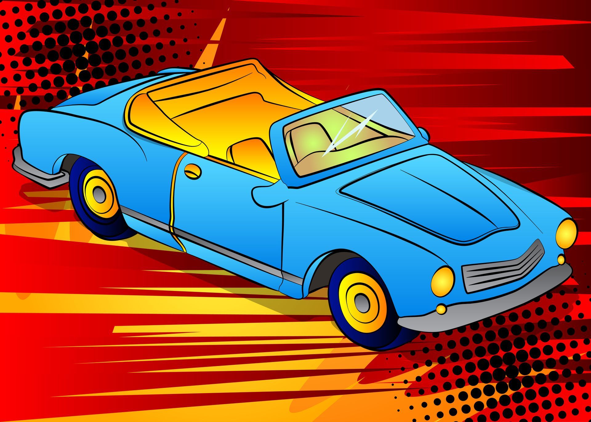 Blue convertible car, yellow interior, speeding on a red and orange background with speed lines.