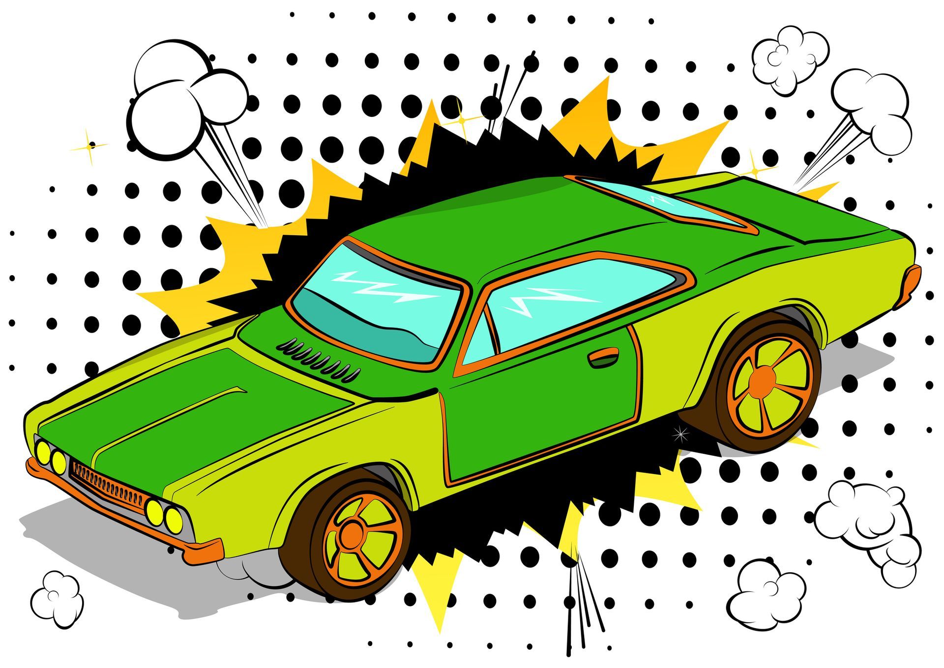 Green and yellow muscle car with explosion background.