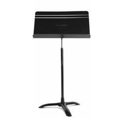 A black music stand on a white background.