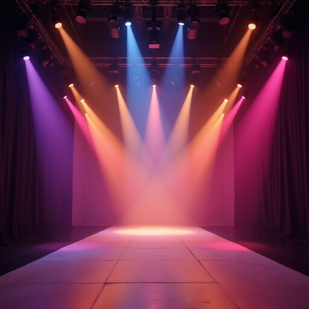Empty stage with colorful spotlights illuminating the runway and backdrop. Purple, orange, and pink hues.