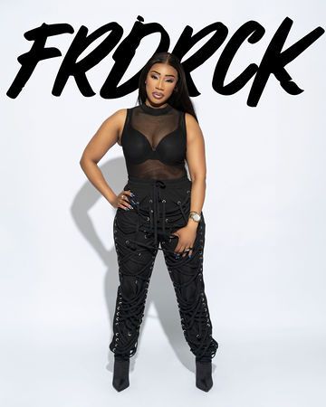 Woman in black mesh top and lace-up pants posing against a white background; text “FRDRCK” above.