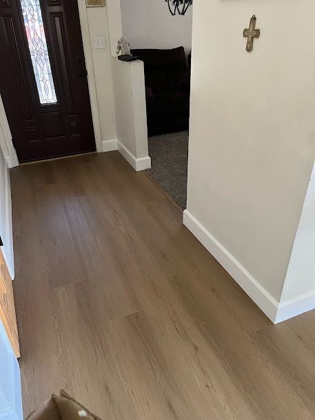 Entryway with light wood-look flooring, dark brown door, and beige walls with white trim.