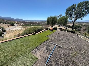 Person laying sod on a hillside overlooking a valley. Green grass, blue sky, sunny day.