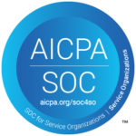 AICPA SOC logo: Blue circle with white text. “AICPA” over “SOC” and 