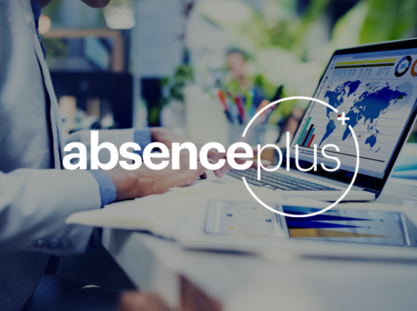Person working on a laptop, AbsencePlus logo overlaid. A world map is on the laptop screen.