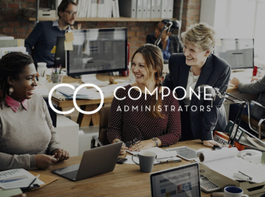 Office setting with people collaborating around a desk, logo 