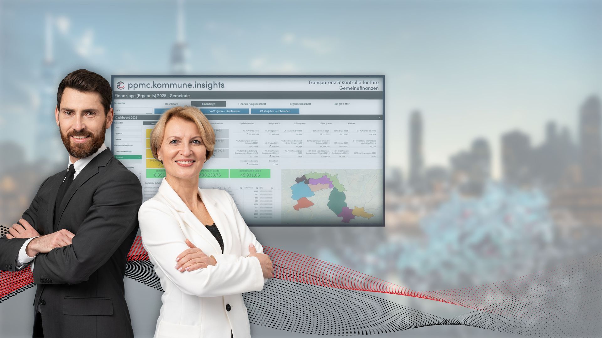 Dashboard mit Piktogrammen der Datenanalyse und ppmc bietet Data Analytics an