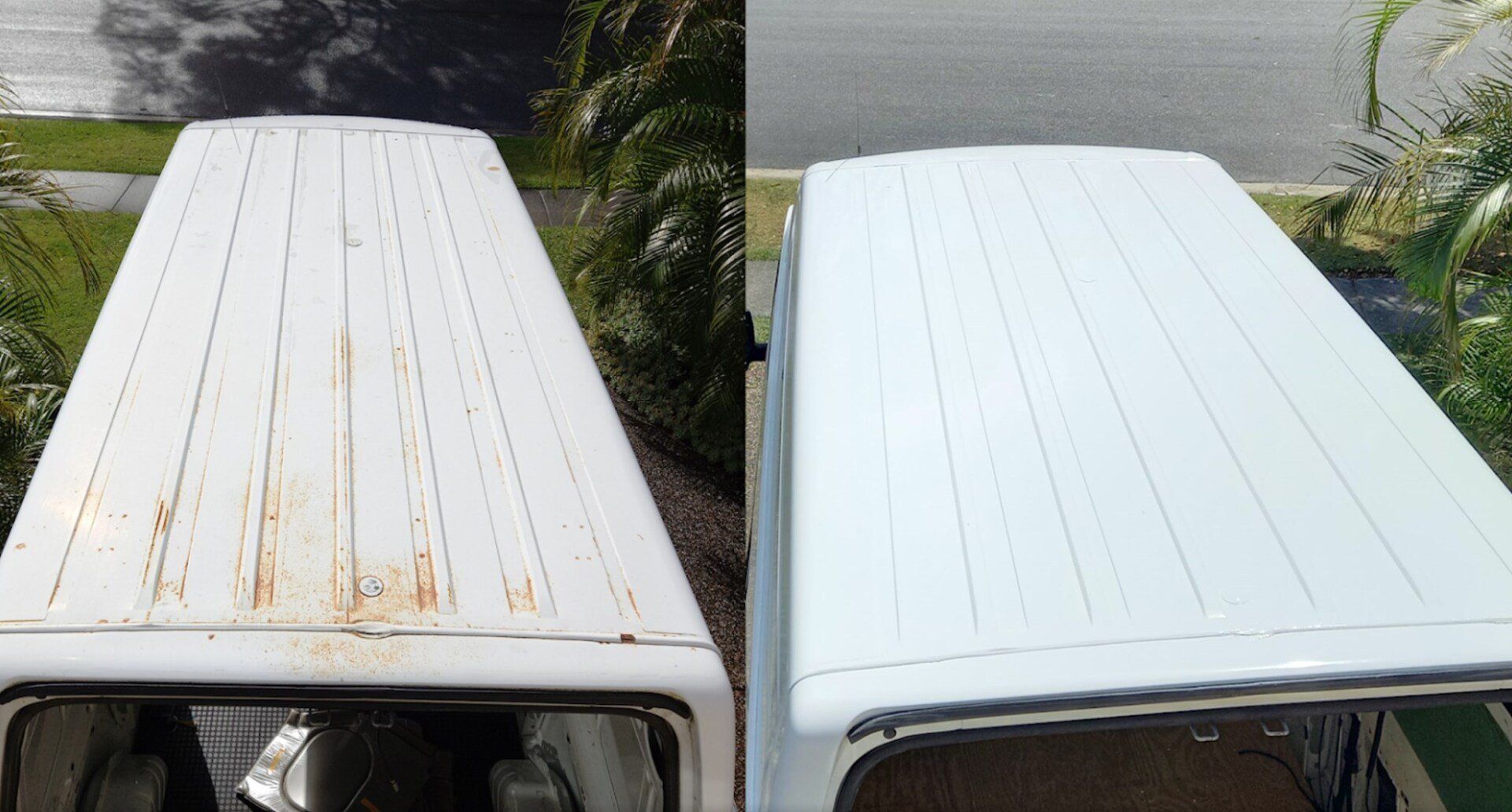A before and after photo of a white van with rust on the roof.