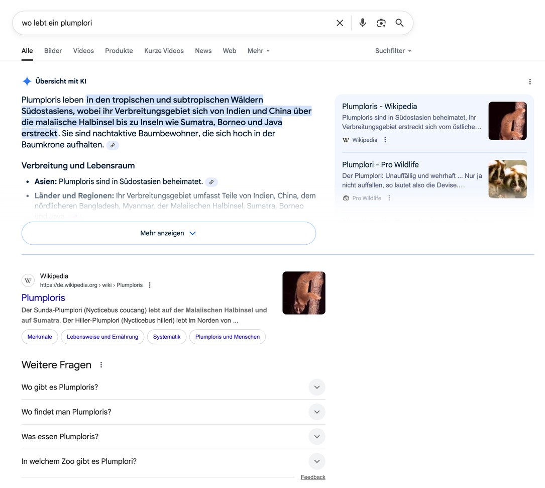 Screenshot eines AI Overview-Ergebnisses zur Frage „Wo lebt ein Plumplori“
