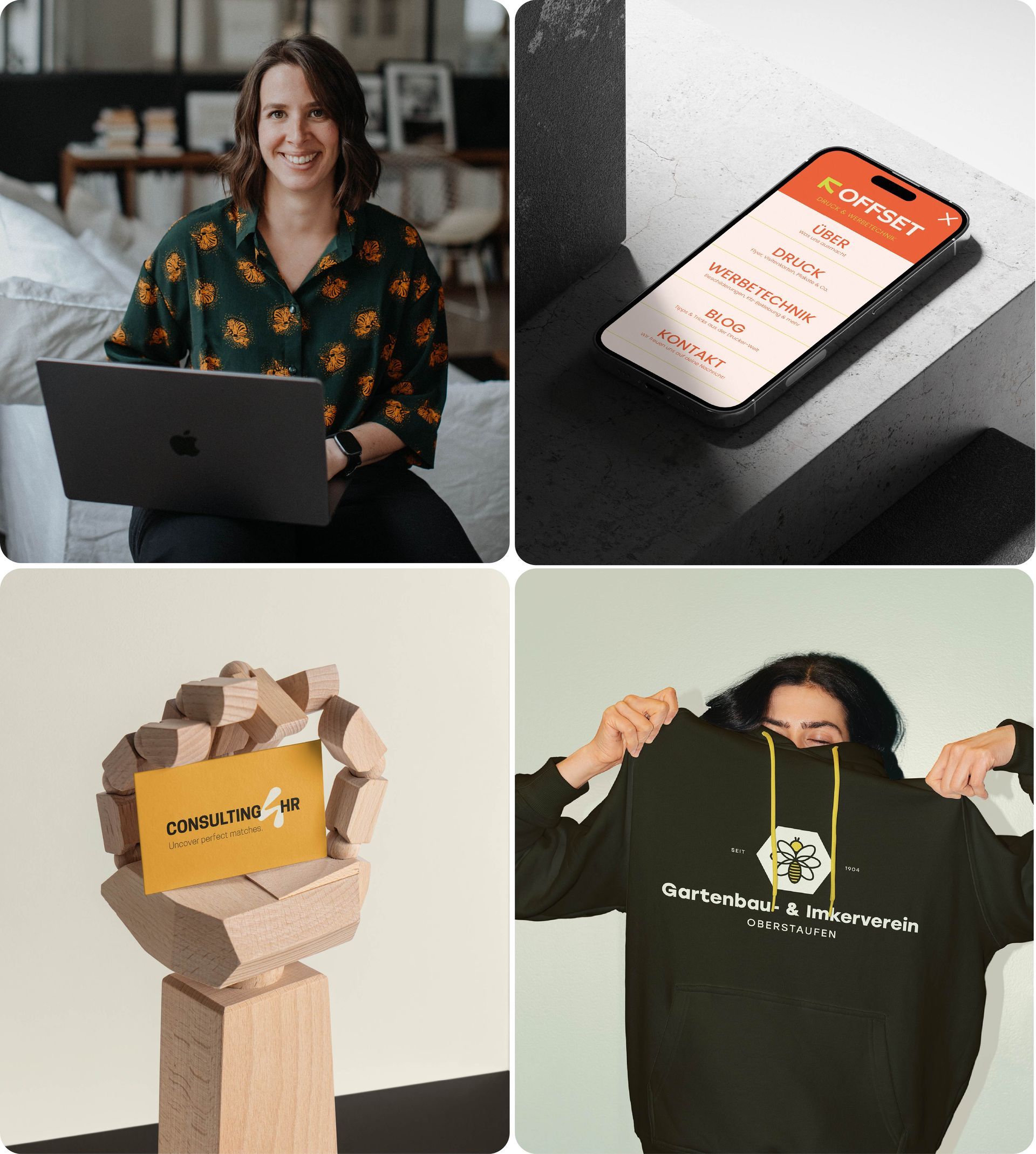 Collage aus fünf Bildern, die alle Arbeiten von Sabrina Schmied zeigen: Visitenkare, Website, Pullover.