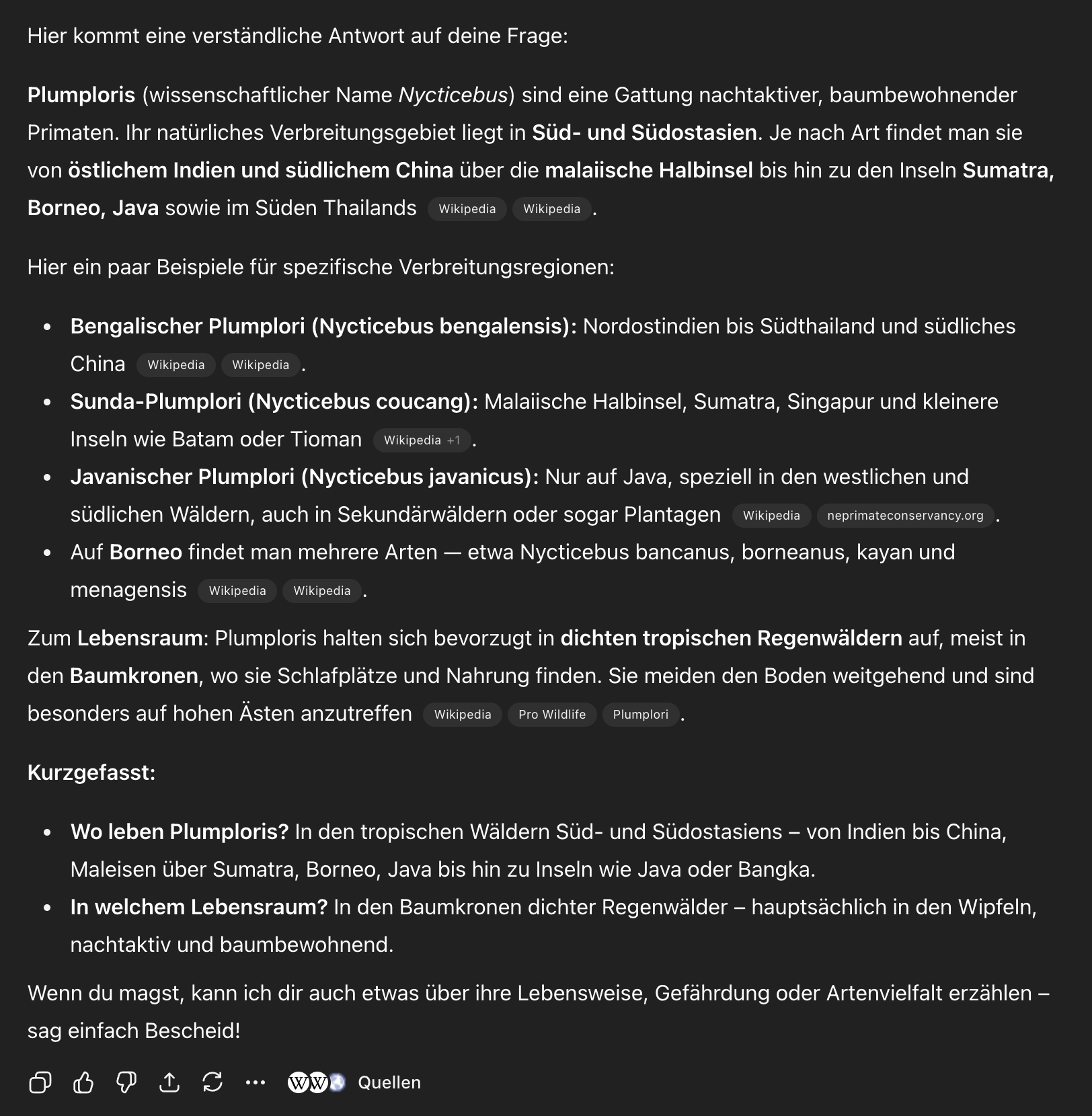 Screenshot einer ChatGPT-Antwort zur Frage „Wo lebt ein Plumplori“