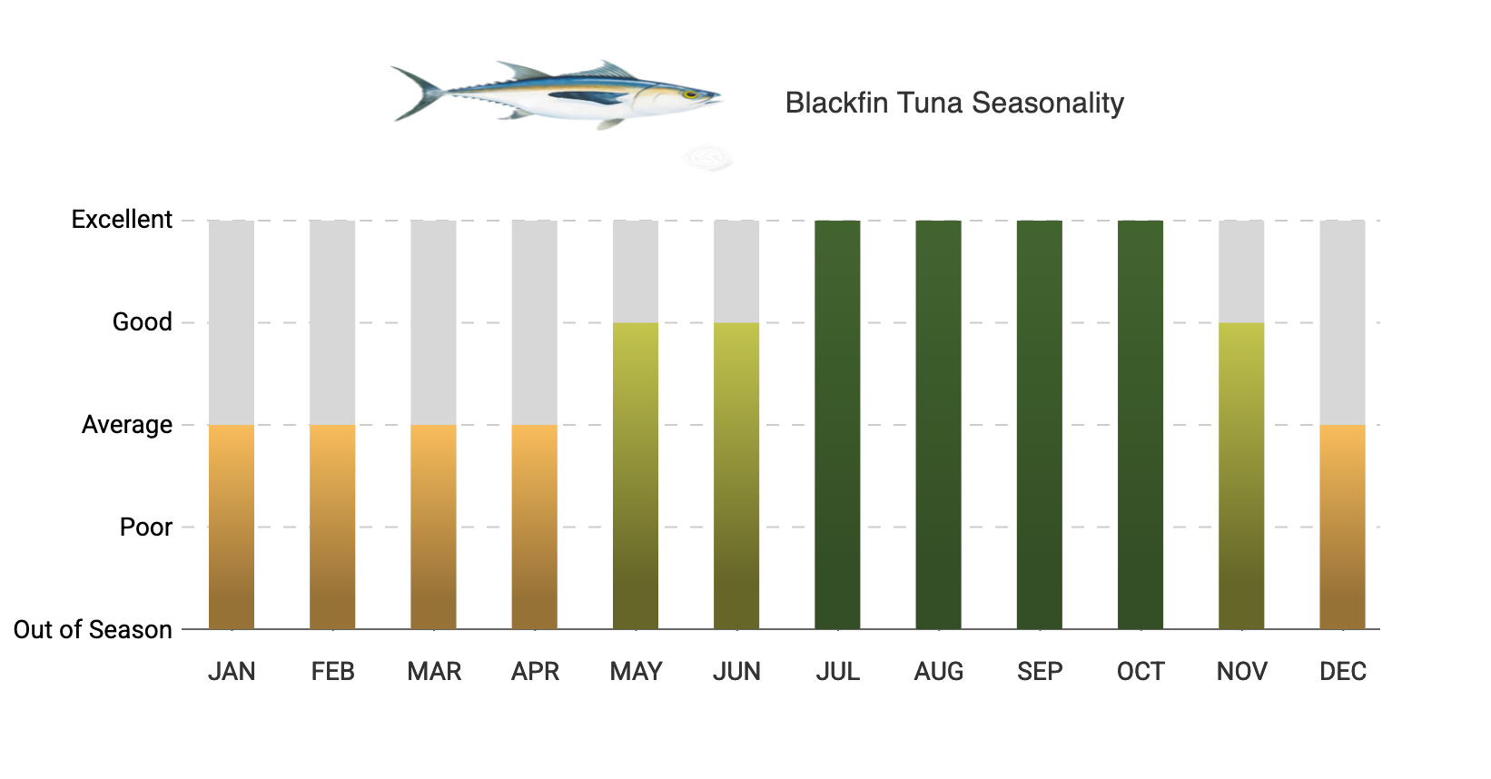 A graph showing the amount of tuna being caught each month.