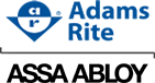 Logo Adams Rite au-dessus de « ASSA ABLOY » en texte noir.
