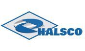 Logo HALSCO bleu avec un design abstrait à l'intérieur d'un losange bleu.