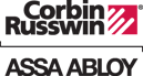 Logo Corbin Russwin avec ASSA ABLOY en dessous ; texte noir, logo rouge avec lignes blanches.
