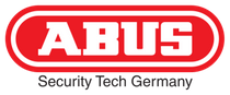 Logo ABUS en texte blanc sur fond rouge avec « Security Tech Germany » en dessous en noir.