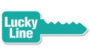 Logo en forme de clé bleu sarcelle avec texte « Lucky Line » en blanc.