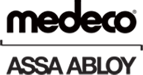 Logo Medeco : Texte « medeco » au-dessus de « ASSA ABLOY » sur une ligne horizontale.