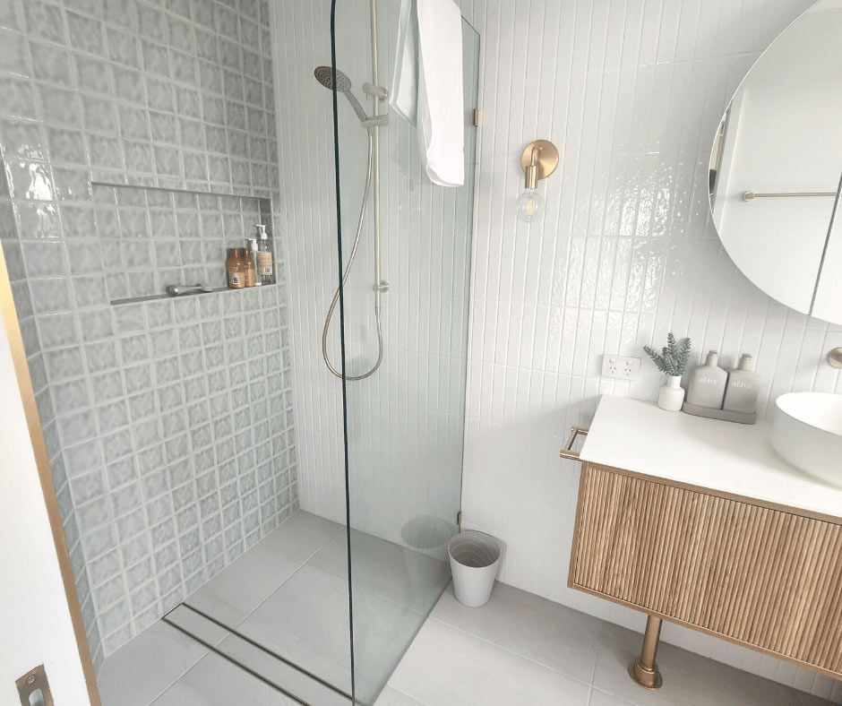Shower Glass Area And Cabinet In The Bathroom With Mirror — Nyblad Construction in Caloundra West, QLD