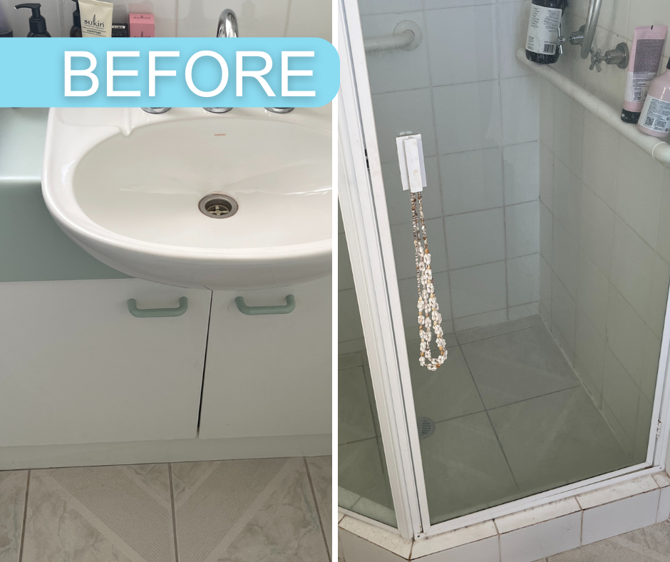 White Sink and Cabinet, Cracked Cabinet Doors, and Shower With Glass Door and White Tiles — Nyblad Construction in Caloundra West, QLD