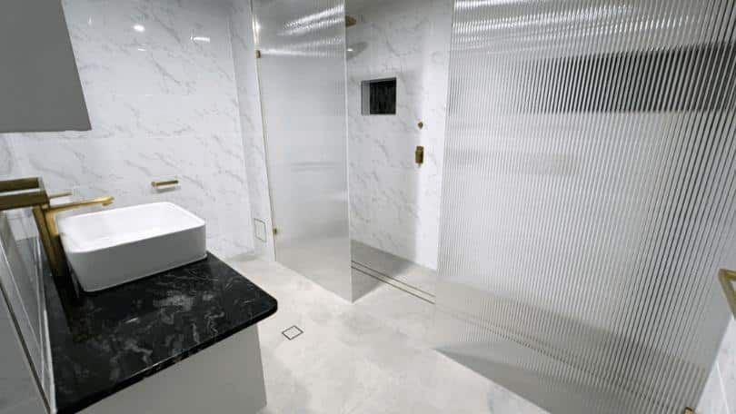 Bathroom With a Sink and a Walk in Shower — Nyblad Construction in Caloundra West, QLD