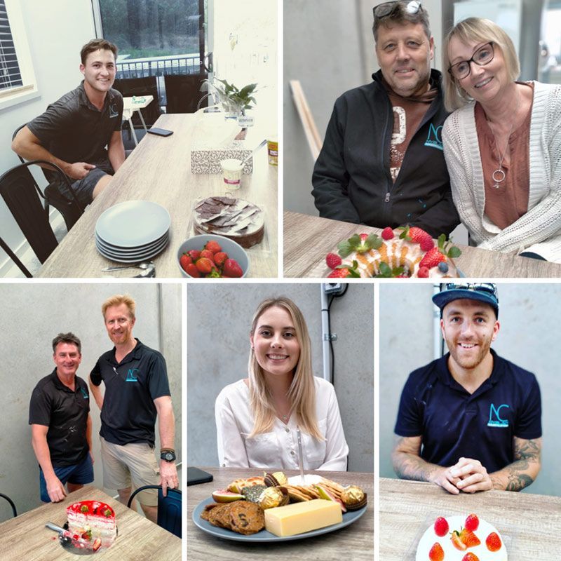 A Collage Of People Sitting At A Table With Food — Nyblad Construction in Caloundra West, QLD
