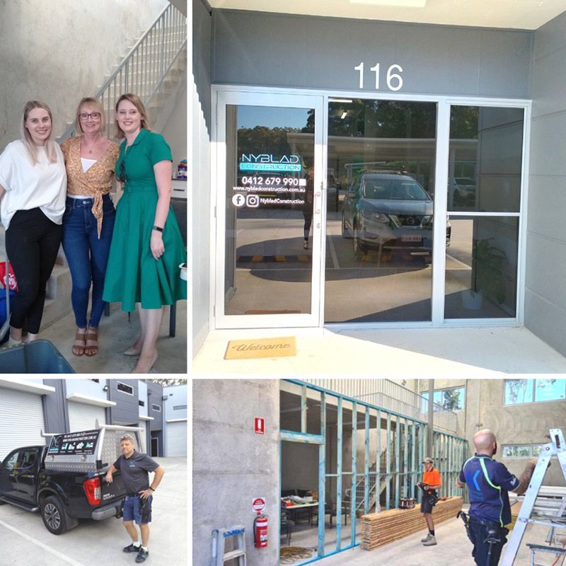 A Group Of People Standing In Front Of A Building With The Number 116 On It — Nyblad Construction in Caloundra West, QLD