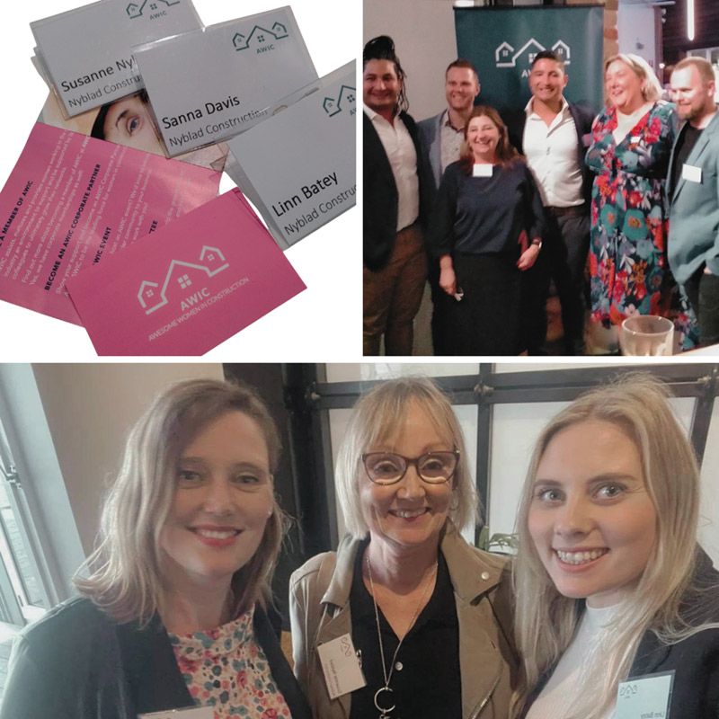 A Group Of People Are Posing For A Picture And One Of Them Has A Name Tag — Nyblad Construction in Caloundra West, QLD