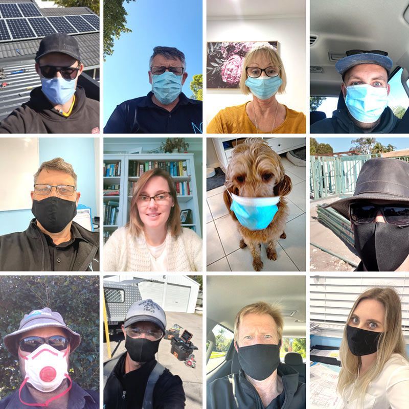 A Collage Of People Wearing Face Masks Including A Dog — Nyblad Construction in Caloundra West, QLD