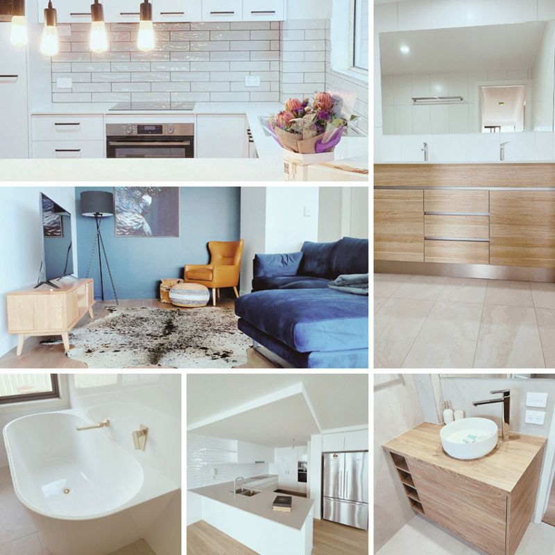 A Collage Of Photos Of A Living Room And Bathroom — Nyblad Construction in Caloundra West, QLD