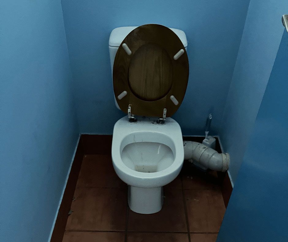 A White Toilet With A Brown Seat In A Blue Bathroom — Nyblad Construction in Caloundra West, QLD