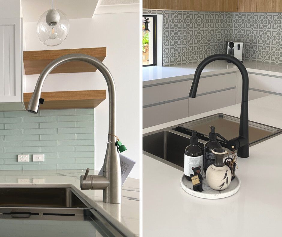 A Kitchen Sink With A Stainless Steel Faucet And A Black Faucet — Nyblad Construction in Caloundra West, QLD