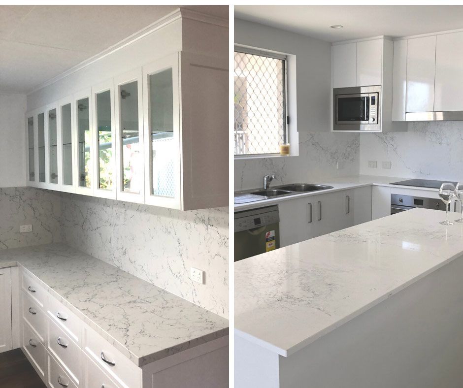 Before And After Of A Kitchen With White Cabinets And Marble Counter Tops — Nyblad Construction in Caloundra West, QLD