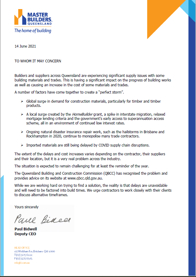 Master Builders Queensland Letter — Nyblad Construction in Caloundra West, QLD