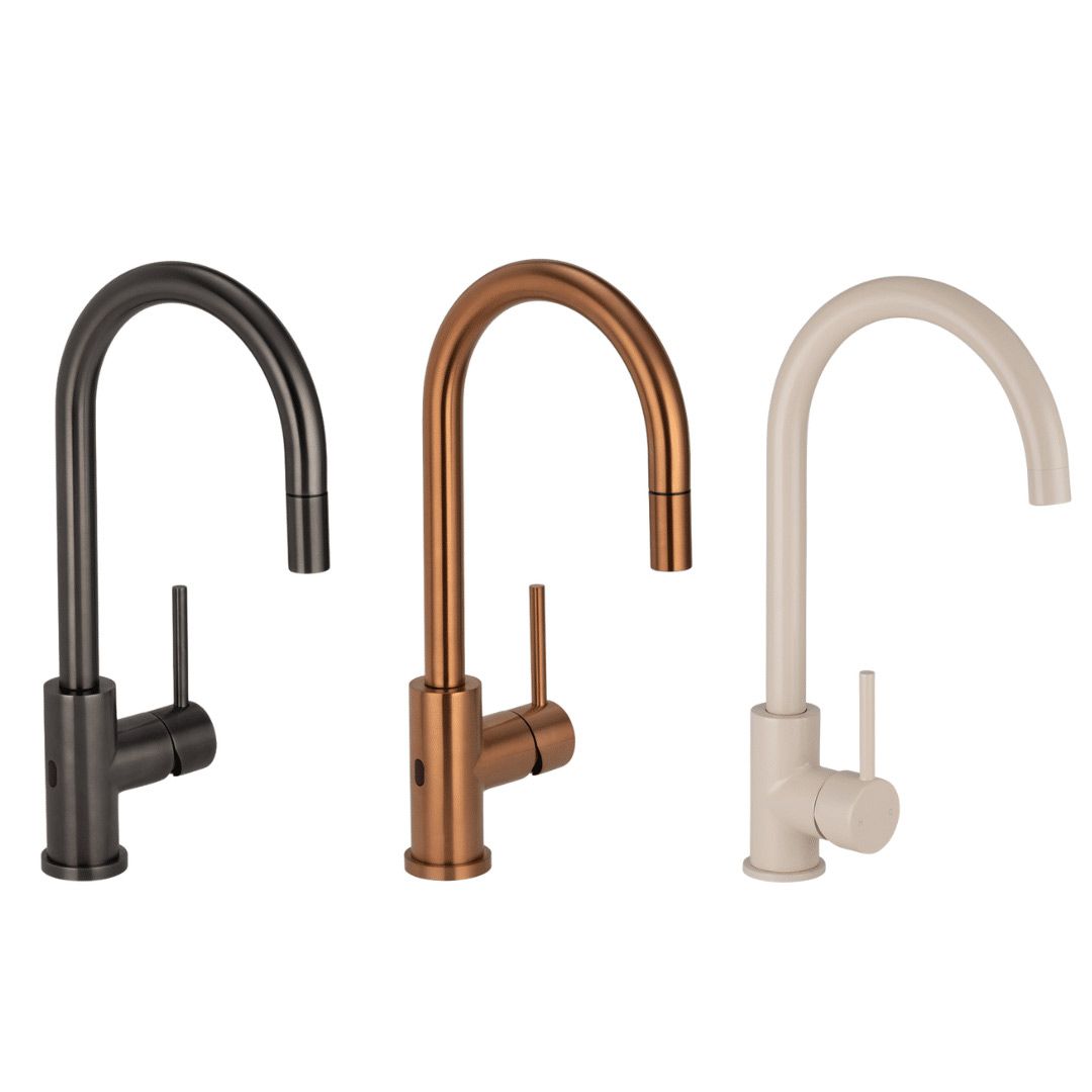 Three Different Colored Kitchen Faucets Are Shown On A White Background — Nyblad Construction in Caloundra West, QLD