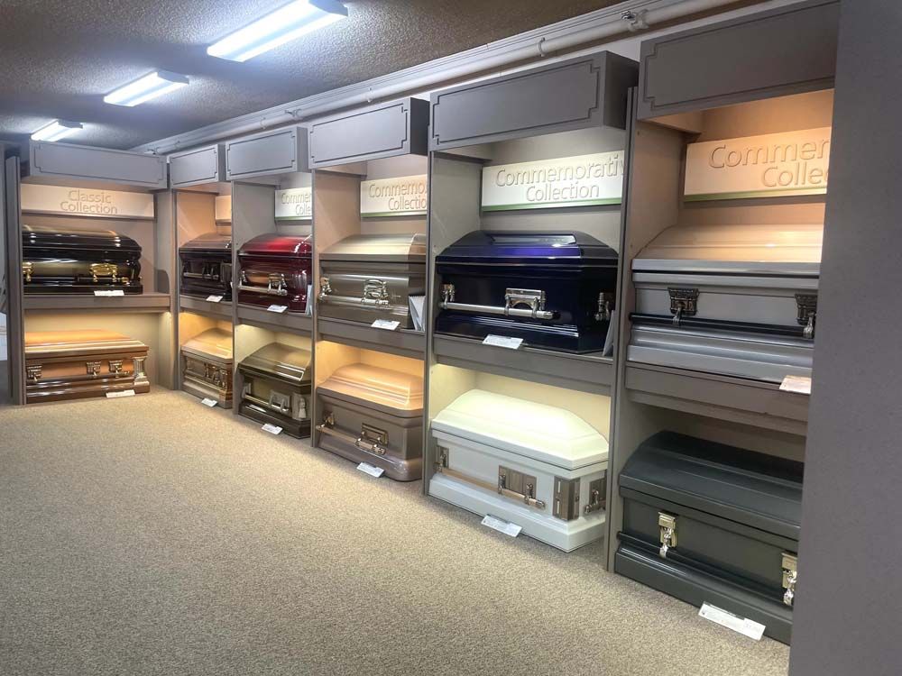 Casket showroom at A.F. Crow & Son Funeral Home, Inc. Glasgow, KY