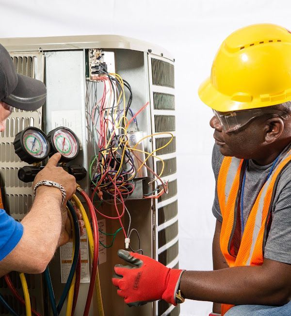 Two men wearing hard hats and safety vests are working on an air conditioner.