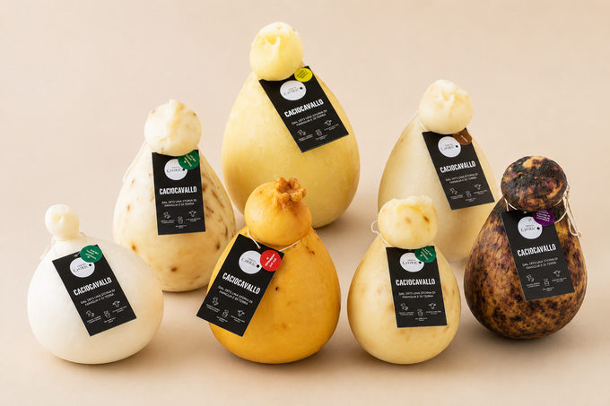 Caciocavalli assortiti disposti su una superficie beige chiaro.