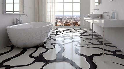 A bathroom with a bathtub , sinks , and a black and white floor.