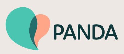 A panda logo with a heart and the word panda on a white background.