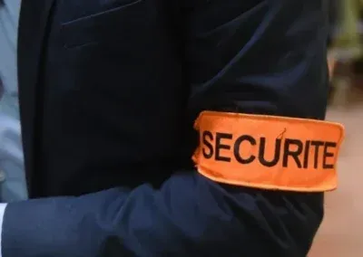 Un homme en costume porte un brassard de sécurité au bras