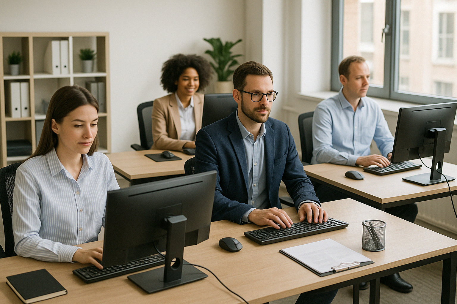 Un groupe de personnes sont assises à des bureaux devant des écrans d'ordinateur.