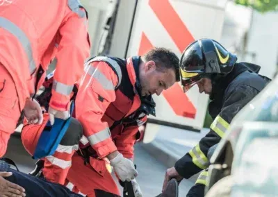 Un groupe de paramédicaux et de pompiers aident un homme qui est allongé sur le sol.