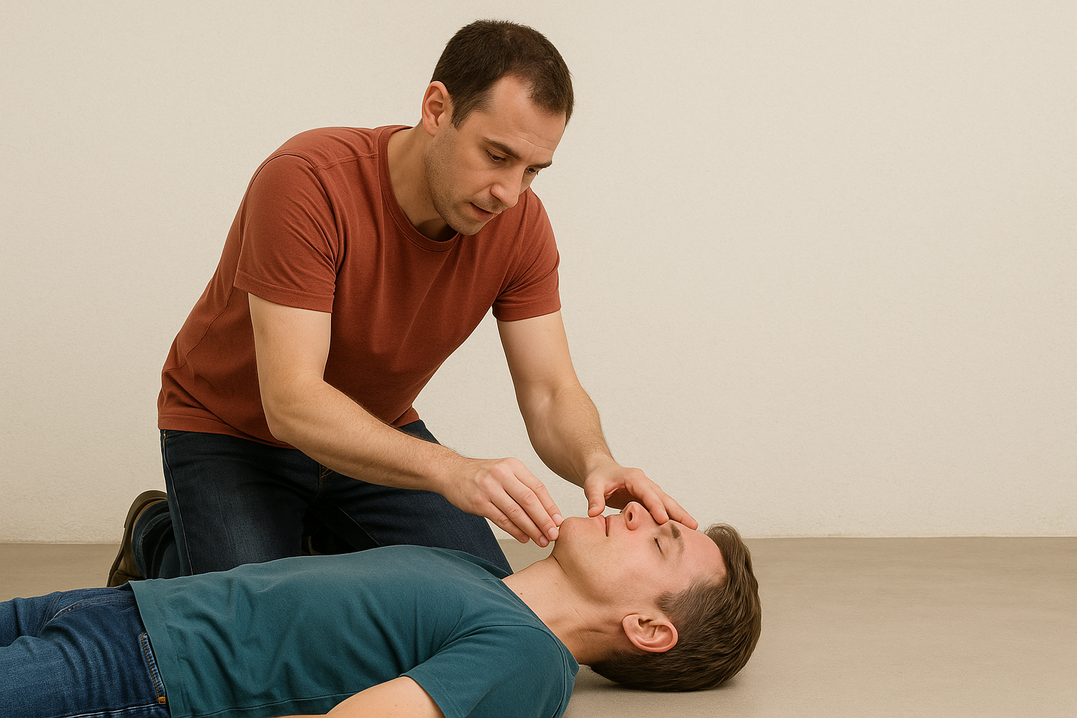 Un homme est agenouillé à côté d'un homme allongé sur le sol.