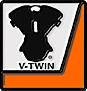 Logo V-Twin noir avec contour de moteur de moto, carré orange et fond blanc.